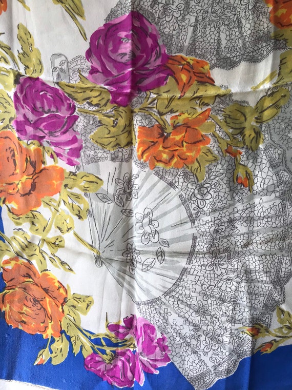 Vintage Silk Chiffon Scarf 1980s Flowers and Fans… - image 3
