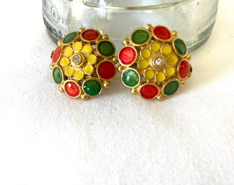 Vintage Goldtone Enamel Earrings Circle Clip On Earrings