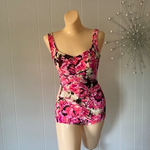 Vintage Maxine of Hollywood Swimsuit One Piece Pink Floral Ruched Bathing Suit