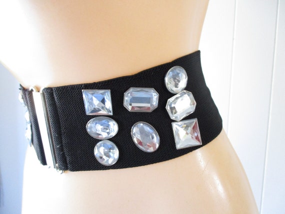 Vintage Stretch Belt 1980s Belt Black Rhinestone … - image 3