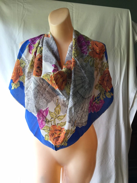 Vintage Silk Chiffon Scarf 1980s Flowers and Fans… - image 9