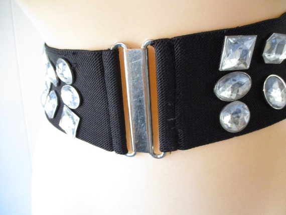 Vintage Stretch Belt 1980s Belt Black Rhinestone … - image 4