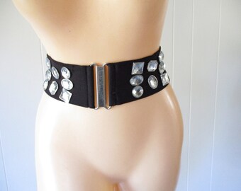 Vintage Stretch Belt 1980s Belt Black Rhinestone Stretch Belt