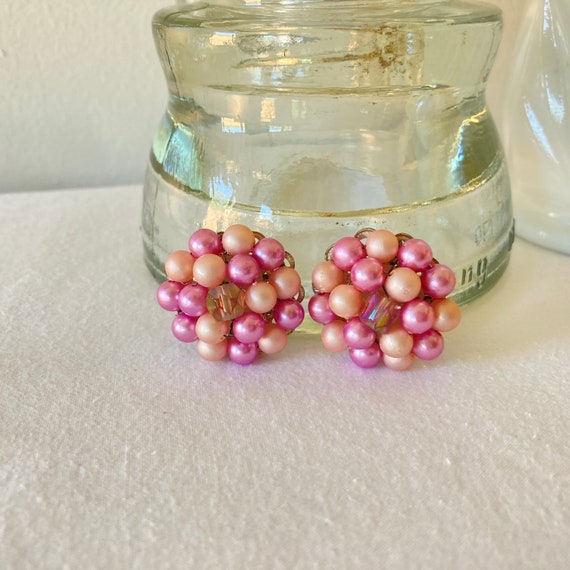 Vintage Pink Beaded Clip on Earrings - image 3