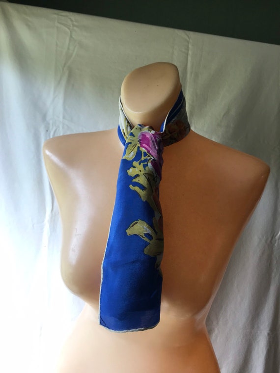 Vintage Silk Chiffon Scarf 1980s Flowers and Fans… - image 7