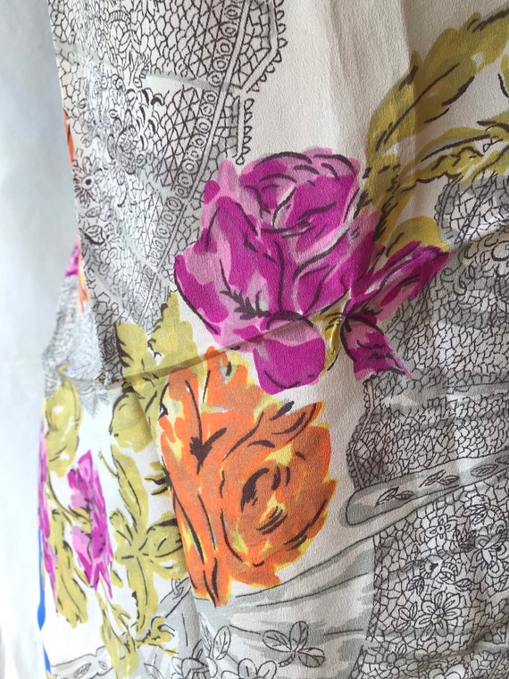 Vintage Silk Chiffon Scarf 1980s Flowers and Fans… - image 4