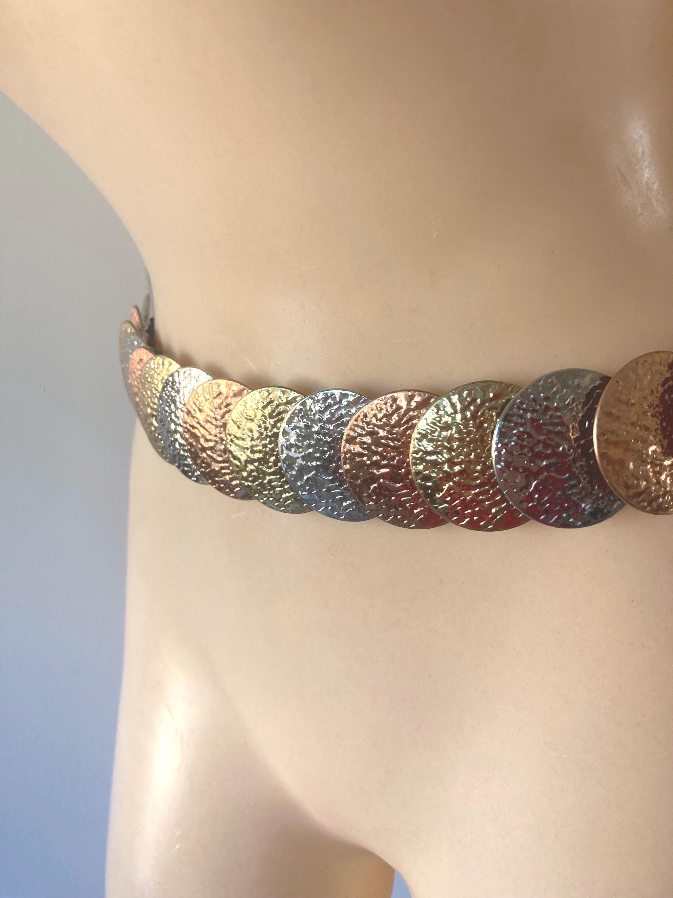 Elastic Stretch Belt Gold Tone Coin Disc Cinch Waist Jewelry 26\
