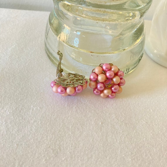 Vintage Pink Beaded Clip on Earrings - image 4