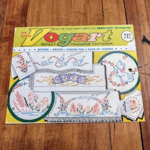 Vogart Transfer Pattern, Vintage, #242, Kittens Swans, Pansies