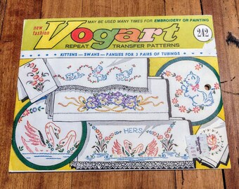 Vogart Transfer Pattern, Vintage, #242, Kittens Swans, Pansies