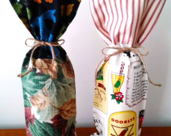 Wine Bags, Set of 2. Repurposed and Vintage Tea Towel, Linen and Ticking