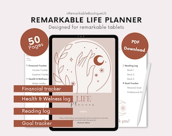 May include: A digital planner with a brown and beige color scheme. The cover features a hand reaching for a crescent moon with stars. The text "REMARKABLE LIFE PLANNER" is at the top of the cover. The text "50 Pages" is in a circle on the left side of the cover. The text "PDF Download" is in a circle on the right side of the cover. The text "LIFE PLANNER" is at the bottom of the cover. The text "START!" is at the bottom of the cover. The text "Many of life's failures are people who did not realize how close they were to success when they gave up." is at the bottom of the cover. The text "Thomas A. Edison" is at the bottom of the cover.