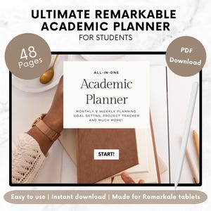 Op de afbeelding: Een digitale planner voor studenten, met een bruine cover en de tekst "Academic Planner" in wit. De planner is open op een pagina met de tekst "START!" in een wit kader. De planner ligt op een wit oppervlak met een bruine koffiekop en een witte stylus.