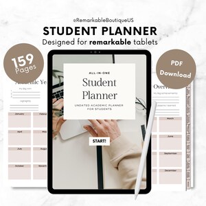 Op de afbeelding: Een digitale planner voor studenten met 159 pagina's, ontworpen voor gebruik met een Remarkable-tablet. De planner bevat een kalender, takenlijsten en andere functies om studenten te helpen georganiseerd te blijven. De planner is beschikbaar als PDF-download.