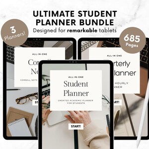Op de afbeelding: Een bundel van drie digitale studentenplanners voor gebruik op tablets. De planners zijn getiteld "Cornell Note", "Student Planner" en "Quarterly Planner". De bundel bevat 685 pagina's.