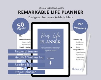 May include: A digital planner for a tablet with a blue cover and the text "My Life Planner" in white. The planner includes sections for financial tracking, health and wellness, reading, and project planning. The text "Life is a succession of lessons which must be lived to be understood - Ralph Waldo Emerson" is printed on the cover.