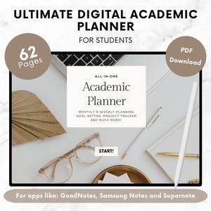Op de afbeelding: Een digitale academische planner met 62 pagina's, ontworpen voor studenten. De planner is in een wit en grijs kleurenschema met de tekst "ALL-IN-ONE Academic Planner" in zwart. De planner is ontworpen voor gebruik met apps zoals GoodNotes, Samsung Notes en Supernote.