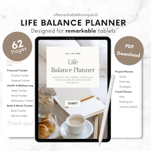 Op de afbeelding: Een digitale planner voor tablets met een bruine en witte omslag. De omslag toont een kopje koffie en een croissant op een houten tafel. De planner heeft de titel "Life Balance Planner" en bevat 62 pagina's. De planner bevat secties voor financieel volgen, gezondheid en welzijn, reizen en projectplanning.