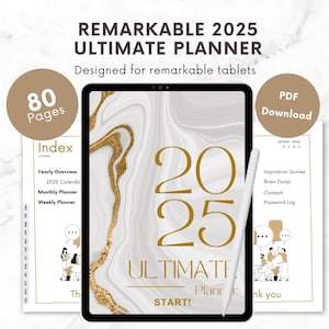 Pode incluir: Um planejador digital para 2025 com um fundo de mármore branco e dourado. O planejador inclui uma visão geral anual, um planejador mensal e um planejador semanal. O texto "2025 Ultimate Planner" é exibido em letras douradas. O planejador é projetado para tablets notáveis e inclui 80 páginas.