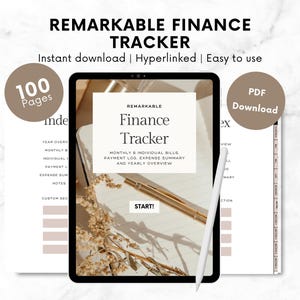 May include: A digital tablet displaying a finance tracker with the title "Remarkable Finance Tracker". The tracker includes sections for monthly and individual bills, payment log, expense summary, and yearly overview. The tablet is on a white surface with a brown background.