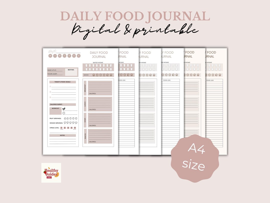 Daily Food Diary Journal Printable & Digital| Including Water, Mood ...