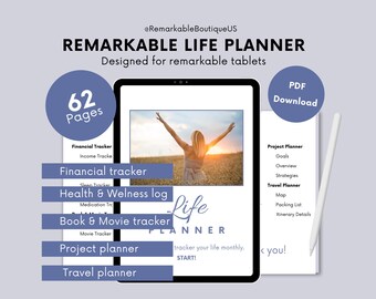 May include: A digital life planner designed for remarkable tablets. The image shows a tablet displaying a woman with arms raised in a field, along with a PDF download option and a stylus. Features include financial, health, book, movie, project, and travel trackers.