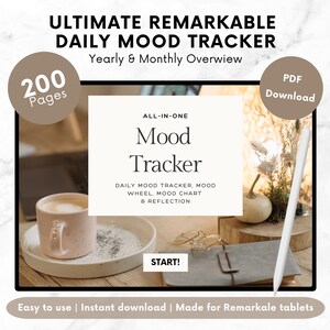 Op de afbeelding: Een digitale stemmingsmeter met de tekst "ULTIMATE REMARKABLE DAILY MOOD TRACKER". De afbeelding bevat een koffiekopje, een stylus en de woorden "200 pagina's" en "PDF Download". De tracker is ontworpen voor jaarlijks en maandelijks gebruik.