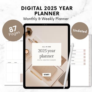 Op de afbeelding: Een digitale planner voor het jaar 2025, weergegeven op een tabletscherm. De planner is niet gedateerd en bevat maandelijkse en wekelijkse weergaven. De omslag van de planner heeft een minimalistisch ontwerp met de tekst "2025 year planner" en "ALL-IN-ONE DIGITAL UNDATED PLANNER!" De planner heeft 87 pagina's.