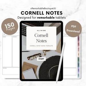 Op de afbeelding: Een digitale tablet waarop een afdrukbare Cornell Notes-sjabloon met 150 pagina's wordt weergegeven. De sjabloon is ontworpen voor gebruik met een "remarkable" tablet. De afbeelding toont ook een laptop, een pen en een notitieboek.
