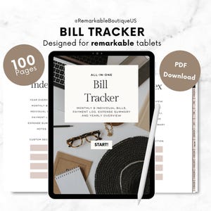 Op de afbeelding: Een digitale factuurtracker ontworpen voor opmerkelijke tablets. De afbeelding toont een tablet met de woorden "Bill Tracker" en "All-in-One" op het scherm. De afbeelding bevat ook een stylus, een bril en een notitieboek. Het product is een PDF-download met 100 pagina's.