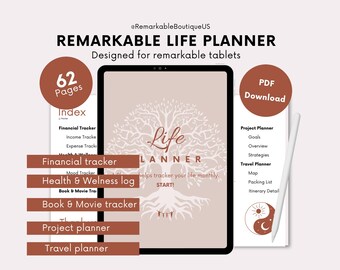 May include: A digital planner with a tree design and the text "Life Planner" on a beige background. The planner is designed for use with a tablet and includes sections for financial tracking, health and wellness, book and movie tracking, project planning, and travel planning. The planner is available as a PDF download.