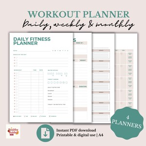 Op de afbeelding: Een printbare workoutplanner met vier pagina's. De pagina's zijn gelabeld met "Dagelijkse Fitnessplanner", "Week van", "Doelen" en "Dag". De planner is ontworpen om je te helpen je fitnessdoelen, trainingen en voortgang bij te houden.