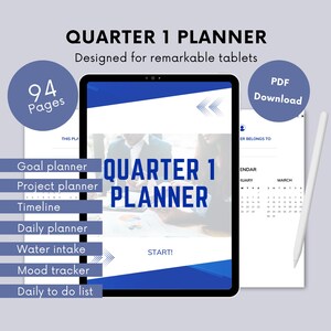 Op de afbeelding: Een digitale planner voor het eerste kwartaal van het jaar, ontworpen voor gebruik met een tablet. De planner bevat secties voor het stellen van doelen, projectplanning, dagelijkse taken, waterinname, stemmingstracking en een tijdlijn. De omslag heeft een blauw en wit ontwerp met de tekst "QUARTER 1 PLANNER" in grote, vetgedrukte letters.