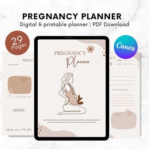 Op de afbeelding: Een digitale en printbare zwangerschapsplanner met een minimalistisch ontwerp. De omslag toont de tekst "PREGNANCY PLANNER" en een illustratie van een zwangere persoon. De planner bevat 29 pagina's en is beschikbaar als PDF-download.