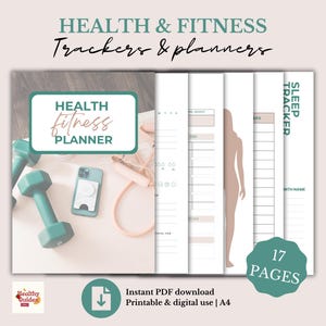 Op de afbeelding: Een printbare gezondheids- en fitnessplanner met 17 pagina's. De planner bevat een slaaptracker, een fitnesstracker en een gezondheidsplanner. De omslag heeft een groen en wit ontwerp met de tekst "Health Fitness Planner".