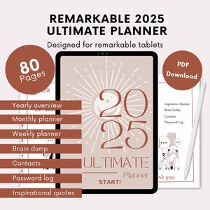May include: A digital planner for 2025 with a brown and white colour scheme. The planner is designed for use with a "remarkable" tablet. The planner includes sections for yearly overview, monthly planner, weekly planner, brain dump, contacts, password log, and inspirational quotes. The planner is available as a PDF download.