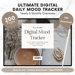 May include: A digital mood tracker with 200 pages, including a daily mood tracker, mood wheel, mood chart, and reflection sections. The tracker is available as a PDF download and is easy to use, with instant download and hyperlinks.