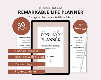 May include: A digital planner with the title "My Life Planner" on a tablet screen. The planner includes sections for financial tracking, health and wellness, reading, and project planning. The text "Life is a succession of lessons which must be lived to be understood" is included in the planner. The planner is available as a PDF download.