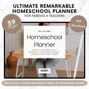 Op de afbeelding: Een digitale planner voor homeschooling, met een witte achtergrond en zwarte tekst. De planner heeft de titel "Homeschool Planner" en bevat functies zoals een maandplanner, een dagschema, een excursieplanner, een leeslogboek en nog veel meer. De planner is ontworpen voor gebruik met Remarkable-tablets. De afbeelding bevat ook een bruine vaas en een witte stylus.