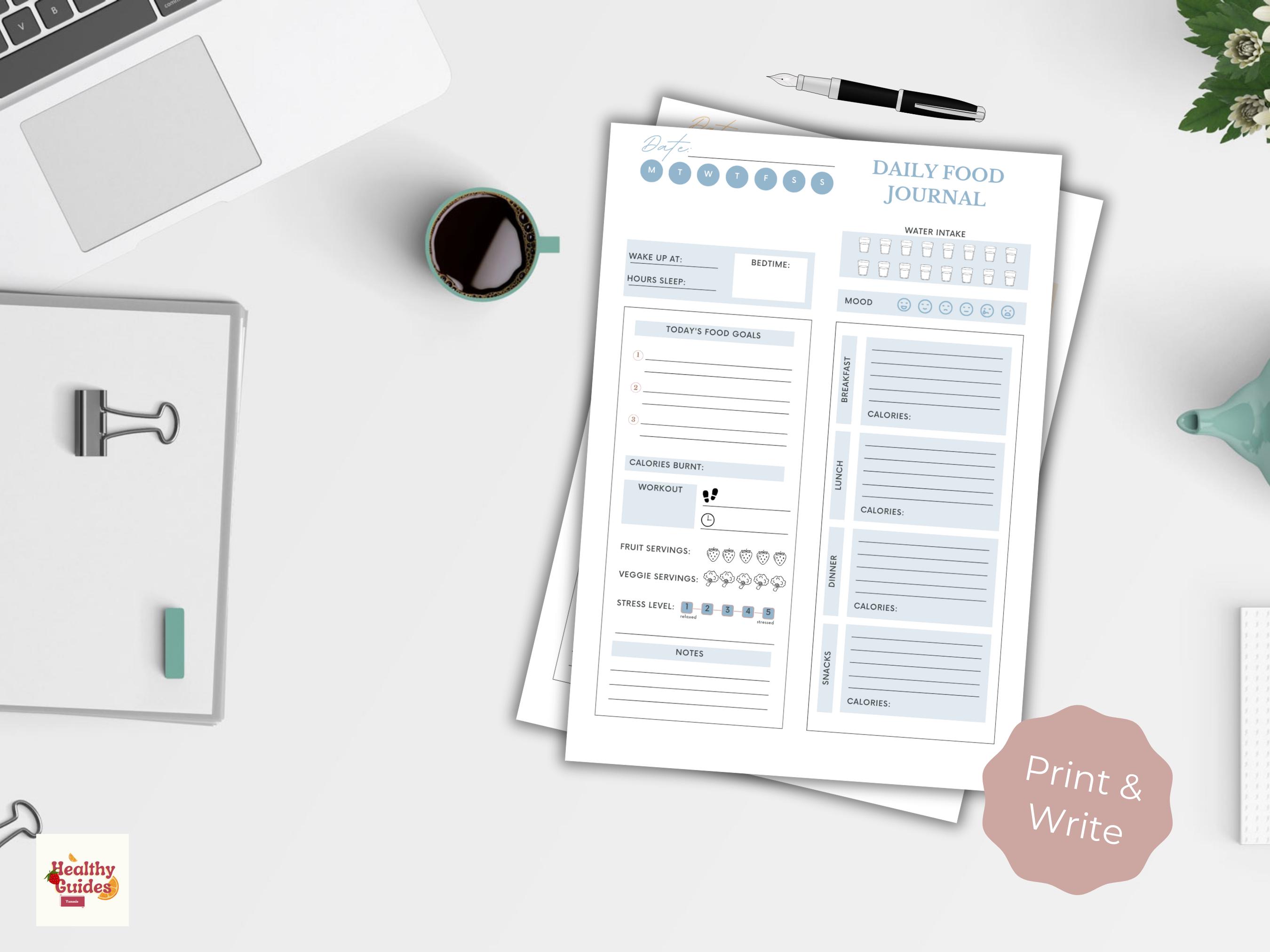 Daily Food Diary Journal Printable & Digital| Including Water, Mood ...