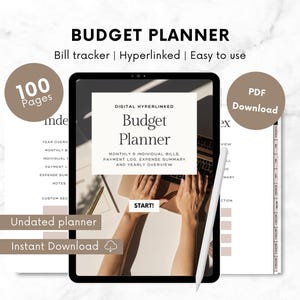 Op de afbeelding: Een digitale budgetplanner met 100 pagina's, een witte pen en een laptop. De planner is hyperlinked en bevat maandelijkse en individuele rekeningen, een betalingslogboek, een uitgavenoverzicht en een jaaroverzicht. De tekst "Budget Planner" staat in een groot lettertype en is gecentreerd op het scherm. De tekst "START!" staat in een kleiner lettertype en bevindt zich in de rechterbenedenhoek van het scherm.