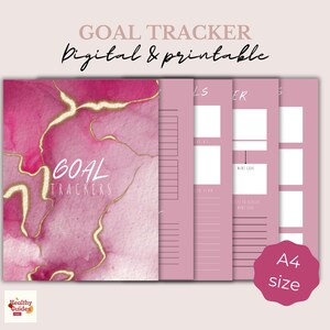 Op de afbeelding: Printbare doeltrackers met een roze en gouden marmerpatroon. De pagina's zijn gelabeld "Goal Trackers" en zijn A4-formaat.