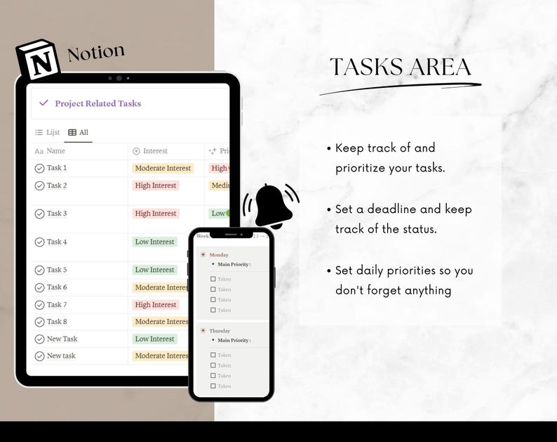 Notion Productivity Planner Template | Project Management, Task Tracker ...