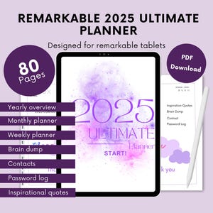 May include: A digital planner for the year 2025 designed for Remarkable tablets. The planner has 80 pages and includes a yearly overview, monthly planner, weekly planner, brain dump, contacts, password log, and inspirational quotes. The planner is available as a PDF download.