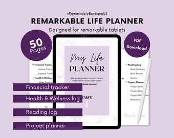 May include: A digital planner for a tablet with a marble background. The planner is titled "My Life Planner" and includes sections for financial tracking, health and wellness, reading, and project planning. The text "Life is a succession of lessons which must be lived to be understood - Waldo Emerson" is included in the planner. The planner is available as a PDF download.