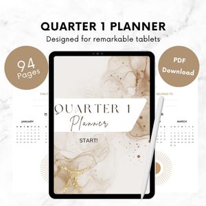 Könnte beinhalten: Ein digitaler Planer für Tablets mit Marmor-Design und goldenen Akzenten. Der Planer trägt den Titel "Quarter 1 Planner" und enthält einen Kalender für Januar und März. Der Text "94 Seiten" und "PDF Download" ist ebenfalls sichtbar.