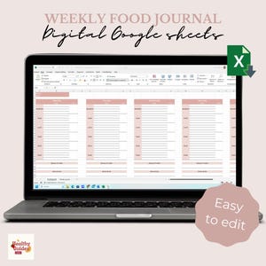 Puede incluir: Un ordenador portátil que muestra una hoja de cálculo de Google Sheets con una plantilla de diario de alimentos semanal. La hoja de cálculo tiene un esquema de color rosa y blanco y está etiquetada como "Diario de alimentos semanal Hojas de Google digitales".
