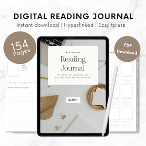 Op de afbeelding: Een digitaal leesdagboek met 154 pagina's, een witte achtergrond en een bladgoudontwerp. Het dagboek is beschikbaar als PDF-download en bevat een leeslijst, een citatenlogboek en meer.