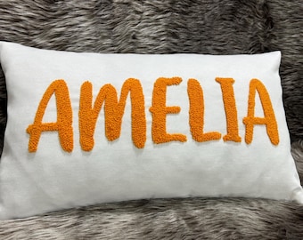 Punch Needle Custom Name Pillow, Linen Feel Nursery Decor
