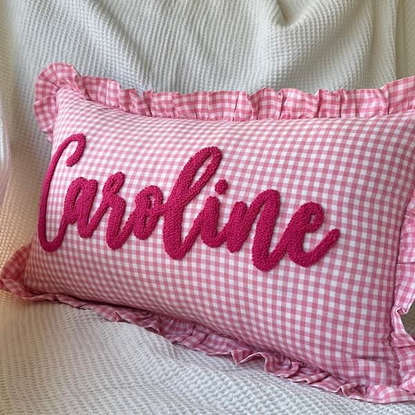 Personalized Name Pillow, Nursery Pillow, Pillow, Embroidered Punch Needle Pillow, Ruffled PillowShams, Decorative Baby Name Pillow